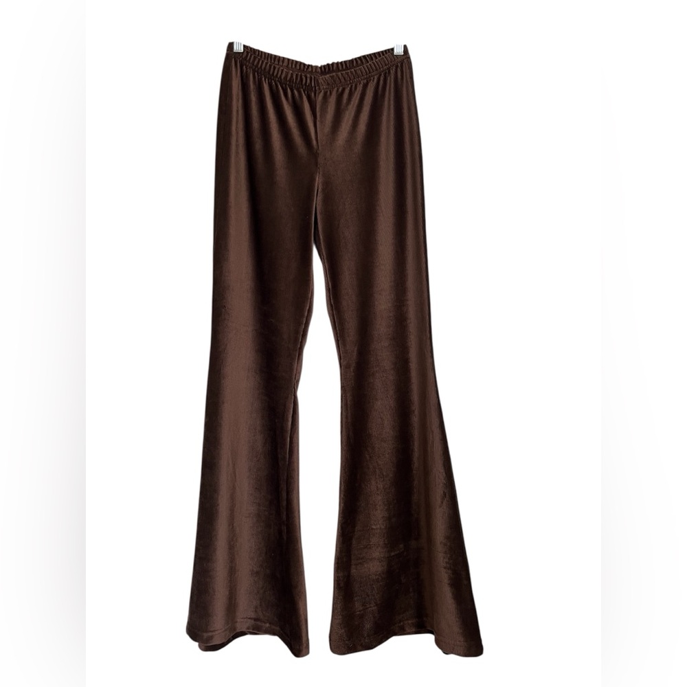 PEOPLE OF LEISURE brown bell bottom elastic waist pant velour feel 100% cotton L